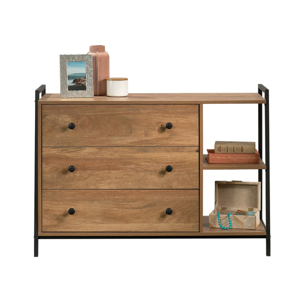 English Elm Dresser, Modern Brown Finish With Industrial Metal Frame And Open Shelves For Stylish Storage Solutions B356P367907