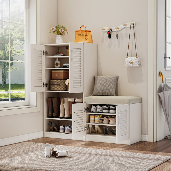 English Elm Multi Functional Shoe Storage Cabinet with Bench and Cushion, 7+3 Adjustable Panels, Ventilated Design for Entryway Ancient White 51.97 L x 17.32 W x 10.24 H W2948P245229