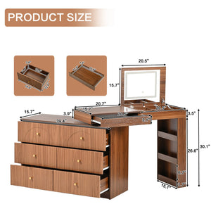 English Elm Vanity LED Mirror Desk with Flip-Top Dual Function, 7 Drawers & Multiple Shelves for Organized Glam Walnut 47.24 L x 19.69 W x 6.5 H N733S363650H