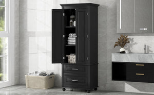 English Elm Tall Slim Storage Cabinet with Adjustable Shelves, 2 Drawers & Doors, Anti-Tip Design for Bathroom Black WF299284AAB