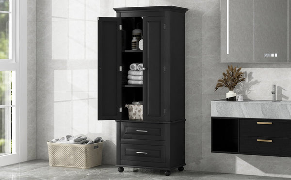 English Elm Tall Slim Storage Cabinet with Adjustable Shelves, 2 Drawers & Doors, Anti-Tip Design for Bathroom Black WF299284AAB