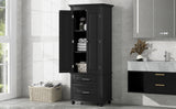 English Elm Tall Storage Cabinet With Two Drawers For Bathroom/Office, Black