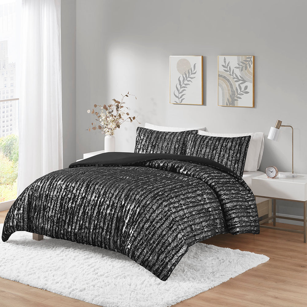JLA Home Intelligent Design - Metallic Plush Faux Fur Duvet Cover Set with Shimmer Print, OEKO‑TEX, Button Closure, Luxe Look ID12-2243
