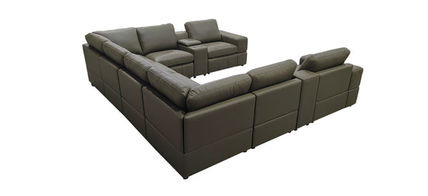 English Elm Premium Leather Match Sectional with Dual Recliners Square Arms and Console Storage Olive Green B2748S00148