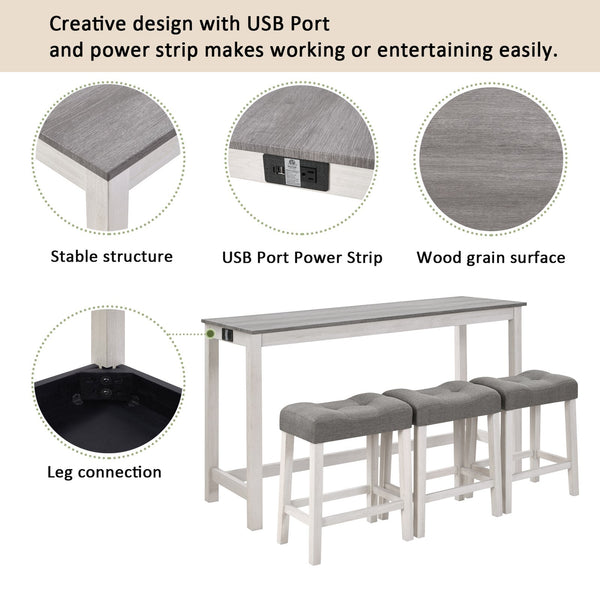 English Elm 4 Rustic Bar Table Set with Built-In Power, USB & Type-C, Water-Resistant Wood Grain Top, 59" L x 35.5" H Grey+White W1998P324488