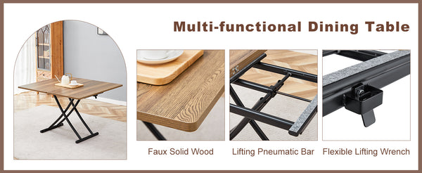 English Elm Table and Chair Set Adjustable Height Mdf Wood Grain Top with Four Linen Dining Chairs Black,Natural Wood W1151S03768