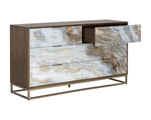 Sunpan FUENTES Dresser: Glamorous Oak Veneer & Acrylic Doors with Brass Base – Stylish Storage Solution! 106750