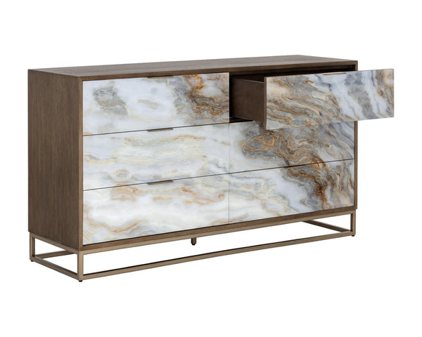 Sunpan FUENTES Dresser: Glamorous Oak Veneer & Acrylic Doors with Brass Base – Stylish Storage Solution! 106750