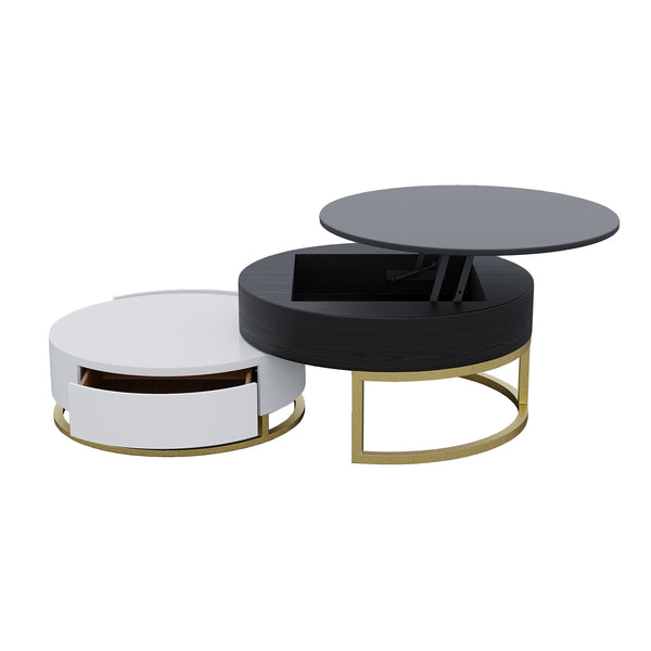 English Elm Dolce Round Lift-Top Wood Coffee Table with Convertible Heights and Sturdy Iron Frame, Modern Chic Black White B341S00041