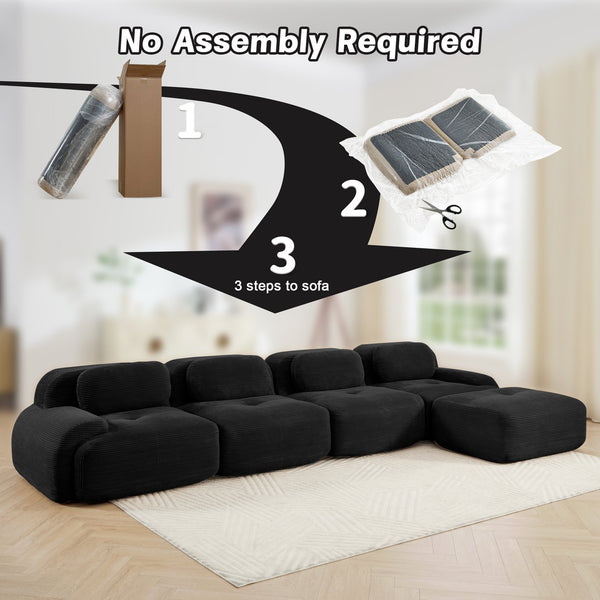 English Elm 4-seat Modular Corduroy Sectional Sofa with Curved Armrests for Living Rooms Black W714S01280