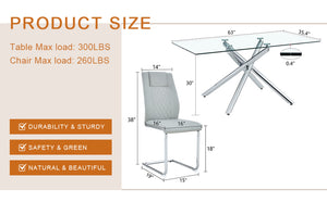 English Elm Table Modern Luxurious 7-Piece Transparent Glass Dining Set With 6 Light Gray Pu Chairs & Metal Legs W1151S04132-GIGA