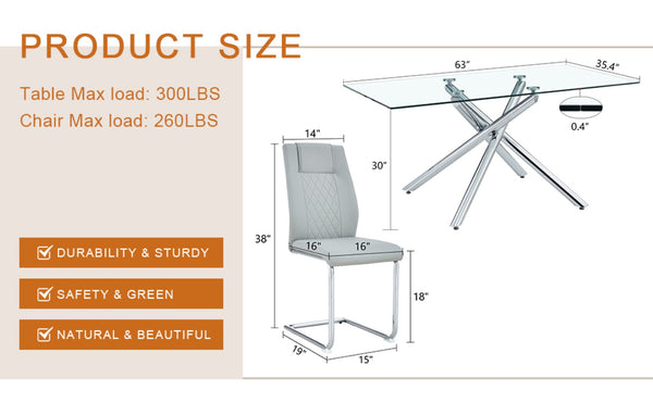 English Elm Table Modern Luxurious 7-Piece Transparent Glass Dining Set With 6 Light Gray Pu Chairs & Metal Legs W1151S04132-GIGA