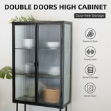 Retro Style Fluted Glass High Cabinet, Dual Doors, 3 Detachable Shelves, Dust-Free Storage, Black