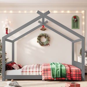 English Elm Queen House Bed Frame Solid Pine Low Profile Montessori Floor Design for Kids Room W1580P387854