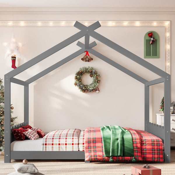 English Elm Queen House Bed Frame Solid Pine Low Profile Montessori Floor Design for Kids Room W1580P387854