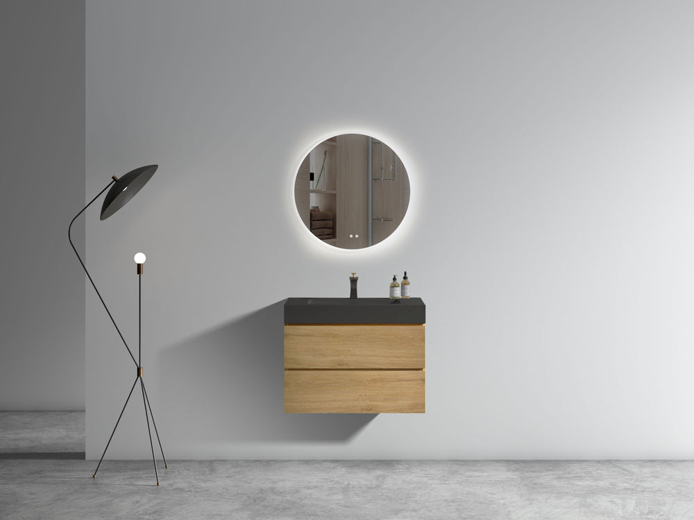 English Elm U091-Alice30W-106 Natural Oak 30" Wall-Mounted Bathroom Vanity with Black One-Piece Basin, Soft-Close Drawers, Eco E1 Construction W1865S00044