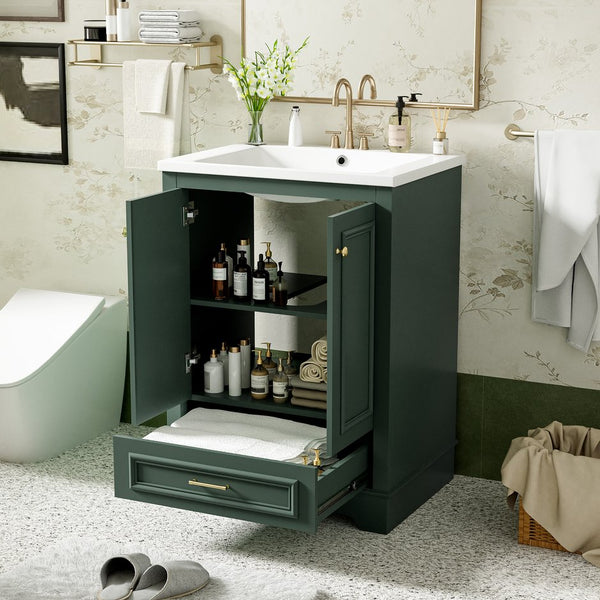 English Elm 24'' Bathroom Vanity with Ceramic Sink Combo Modern Freestanding MDF Cabinet with Soft-Close Doors and Sleek Silver Handles for Spacious Organized Bathroom Storage Green N710P194893F