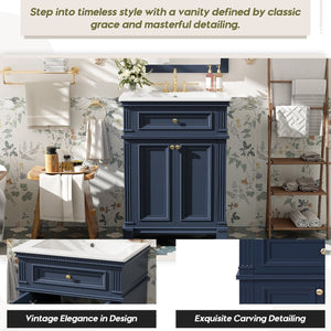 English Elm 24'' Carved Farmhouse Bathroom Vanity with Ceramic Sink Soft Close Storage Cabinet Blue N710P446530C