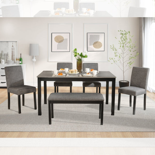 English Elm 6-Piece Stylish Dining Table Set With Bench & Chairs, Modern Light Grey & Black For Kitchen & Dining W1998S00060