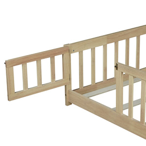English Elm Twin Low Profile Rubberwood Floor Bed with Full Safety Fence for Toddler Rooms Natural W504P429273