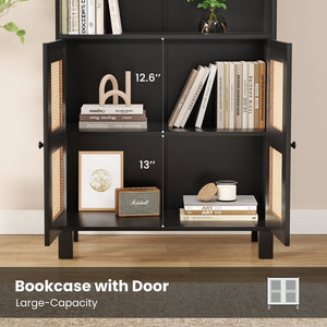 English Elm Tall Rattan Door Bookcase with 5 Shelves — Stylish Tall Storage Shelf for Living Room Office LibraryBedroom Black T3623P379897
