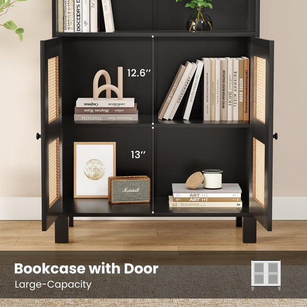 English Elm Tall Rattan Door Bookcase with 5 Shelves — Stylish Tall Storage Shelf for Living Room Office LibraryBedroom Black T3623P379897