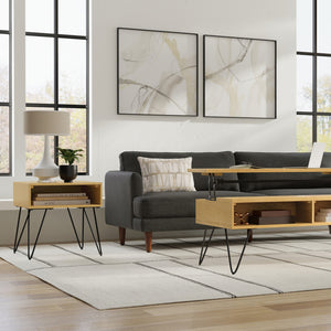 English Elm Hunter Handcrafted Solid Wood Veneer End Table with Open Storage and Industrial Hairpin Legs Oak B136P203450