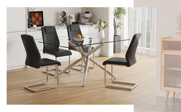 English Elm Table Modern Luxurious Glass Dining Set With 4 Stylish Black Pu Chairs And Silver Metal Legs W1151S04127-GIGA