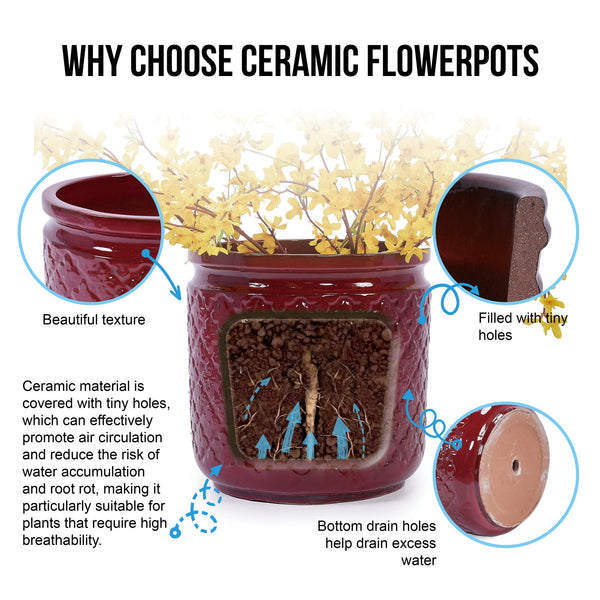 English Elm 3 Pieces Ceramic Flowerpot Set - Modern Bean Paste Red Planters For Stylish Indoor & Outdoor Spaces W3273P321477