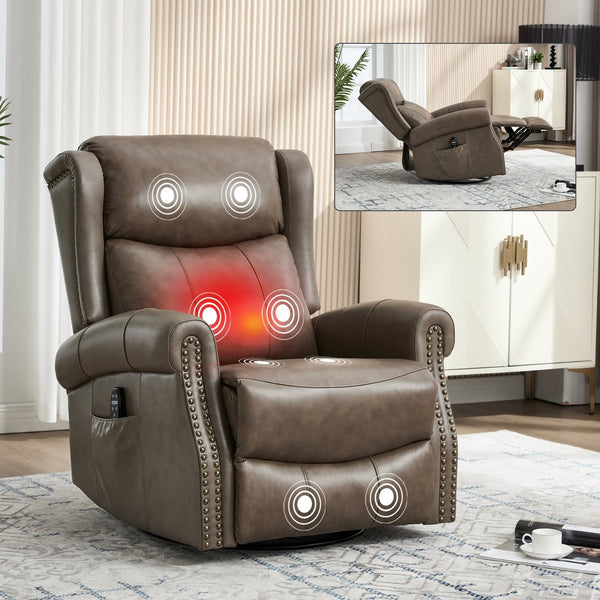 English Elm Heat Massage Swivel Rocker Recliner Genuine Leather Chair with Lumbar Relief W3224S00011