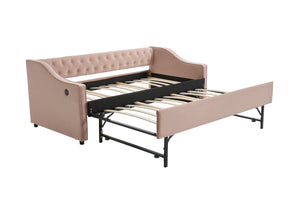 English Elm Twin Velvet Daybed with Pull Out Trundle Tufted Back Usb Port and Side Pockets Pink W1361S00037