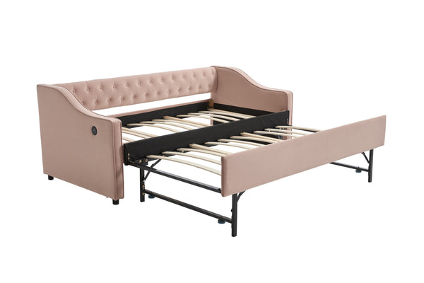 English Elm Twin Velvet Daybed with Pull Out Trundle Tufted Back Usb Port and Side Pockets Pink W1361S00037