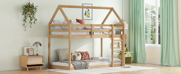 English Elm Twin Rubber Wood Floor Bunk Bed House-Shaped Design with Ladder Guardrails Sturdy Low-Profile Retreat White+Oak W504P206866