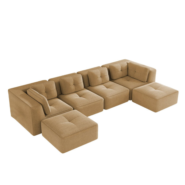 English Elm Modern Corduroy U-shaped Sectional with Deep Seating Two Ottomans Tufted Detail Camel W714S01788