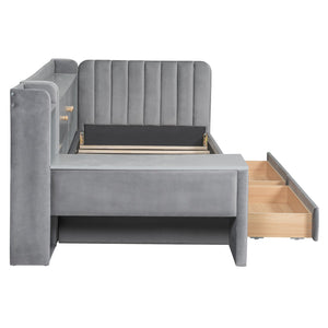 English Elm Twin Upholstered Daybed with Velvet Finish, High Back Shelves, Flip Cabinets, Drawers & Side Table Gray SF000196AAE