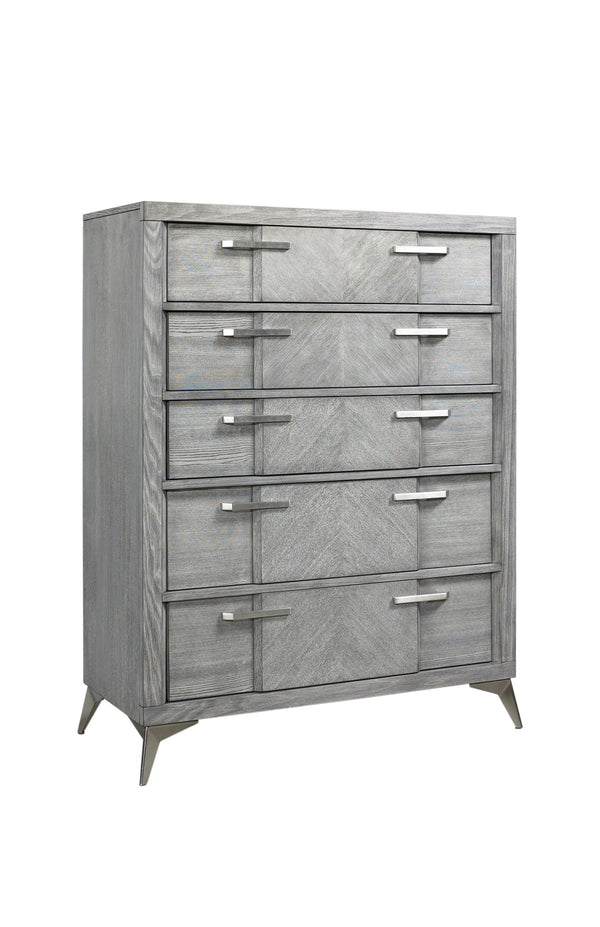 English Elm 5 Drawer Chest with Felt-Lined Top Drawer, Textured PU Finish, Smooth Side Guides, Ample Storage Appeal Gray 43.25 L x 21 W x 50 H B2699P236783