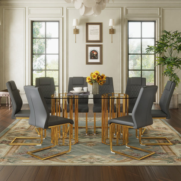 English Elm Table and Chair Set 8 Seater Oval Glass Dining with Glamorous Gold Base Modern Luxe Dark Gray,Gold,Transparent W1151S04723