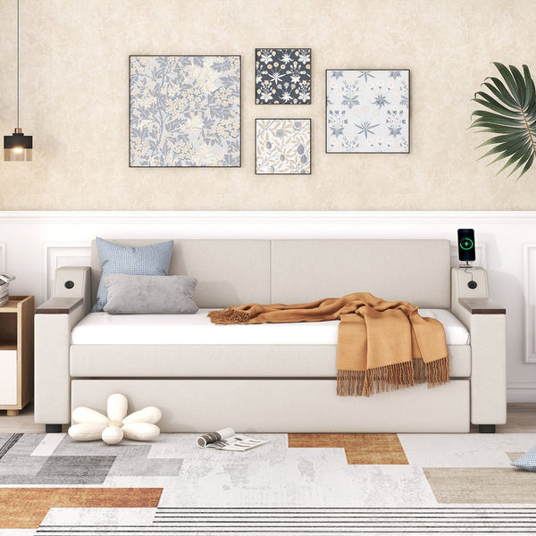 English Elm Twin Upholstery Daybed with Trundle, Storage Arms & USB Charging, Beige Linen, Durable Pine Frame SM000547AAA