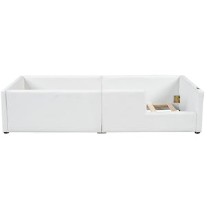 English Elm Twin Upholstered Platform Bed with Guardrail and Built-In Charging Station, Modern Sleek Design for Small Spaces White N709P186347K