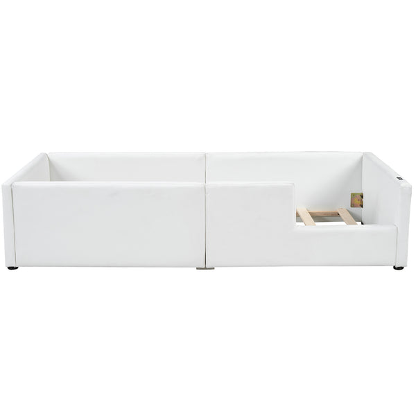 English Elm Twin Upholstered Platform Bed with Guardrail and Built-In Charging Station, Modern Sleek Design for Small Spaces White N709P186347K
