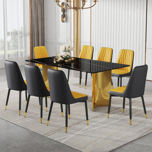English Elm Table Set With Glass Top & Golden Legs, 8 Ergonomic Pu Dining Chairs In Orange & Dark Gray W1151S04341-GIGA