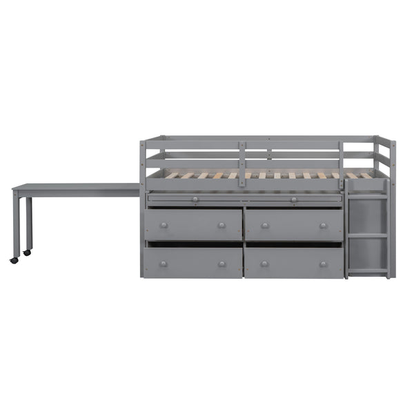 English Elm Twin Loft Bed Pinewood Frame Four Drawers Retractable Study Desk Kids Bedroom Gray LT000368AAE