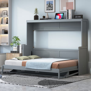 English Elm Full Size Murphy Bed With Hydraulic Lift & Integrated Desk For Space-Saving, Gray Pinewood Design N820S00032E