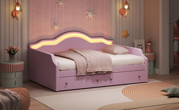 English Elm Full Size Upholstered Daybed With Led Lighting & 2 Storage Drawers, Stylish Pink Velvet Design N7500001852H