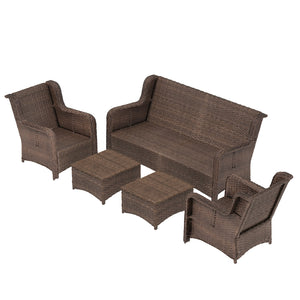 English Elm Patio Rattan Outdoor Sectional Set with 3-Seat Sofa, 2 Chairs & 2 Ottomans Cushioned Comfort Brown Grey,Peacock Blue W1710S00257