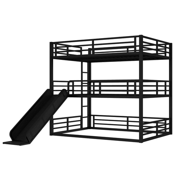 English Elm Queen Metal Triple Bunk Bed With Slide - Space-Saving, Heavy-Duty Design, Safety Guardrails In Black W1580S00172-GIGA