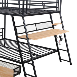 English Elm Full Full Size Metal Bunk Bed with Built-in Desk, Light, 2 Drawers, Shelves, Sturdy Space-Saver Black GX001517AAB