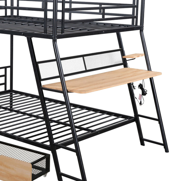 English Elm Full Full Size Metal Bunk Bed with Built-in Desk, Light, 2 Drawers, Shelves, Sturdy Space-Saver Black GX001517AAB