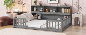 English Elm Full Floor bed with side bookcase and guardrails — space-saving storage shelves, sturdy pine construction, modern style (Full) Grey W504142774