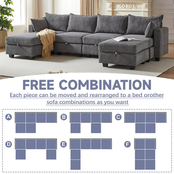 English Elm 113.5'' Modular Sectional Sofa with Storage Ottoman, Convertible U or L Shape Sleeper for 6 Seats Dark Gray W834S00252